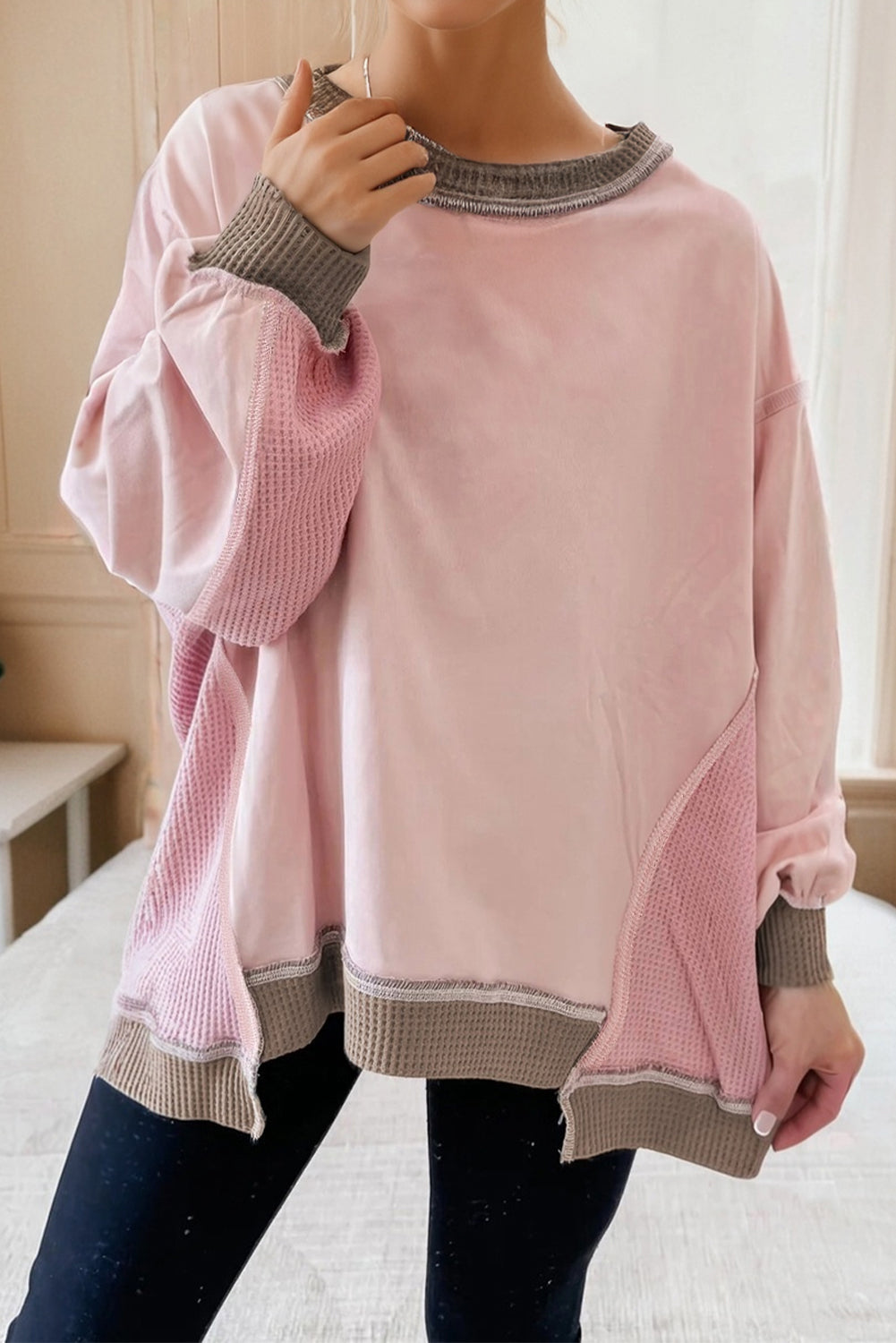 Colorblock Waffle Patchwork Oversize Sweatshirt
