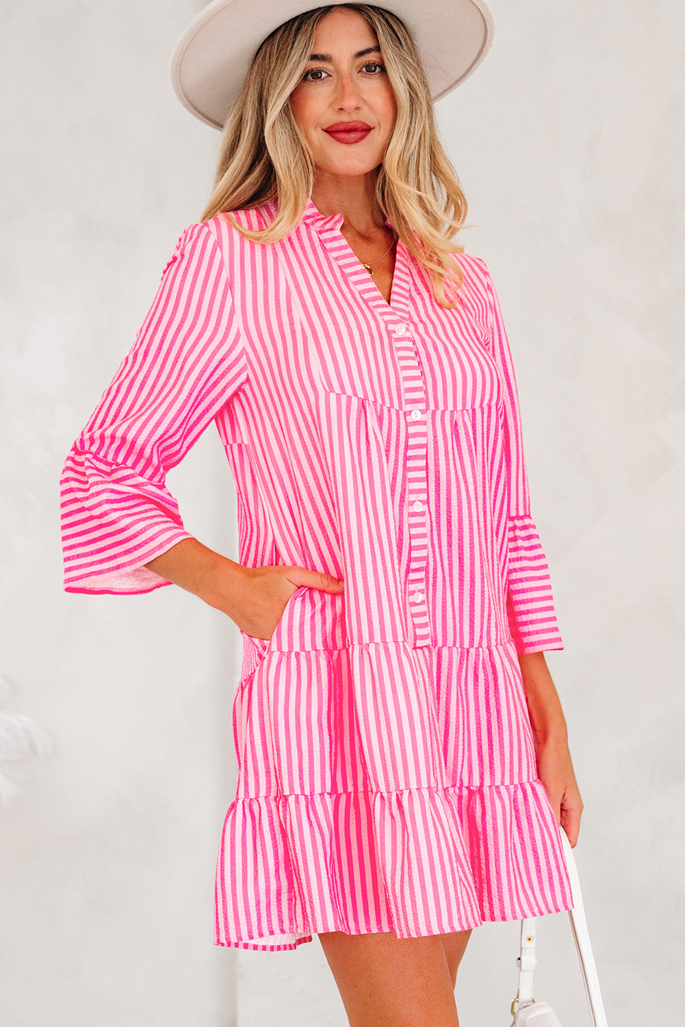 Stripe V-Neck Flare Sleeve Tiered Mini Dress