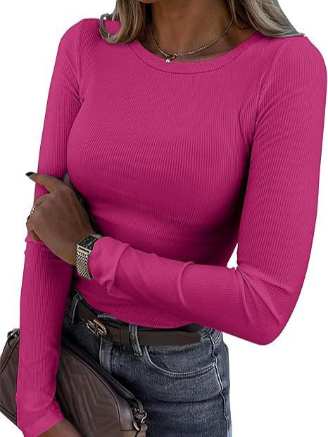 Long-sleeved Elastic Round Neck Rib T-shirt
