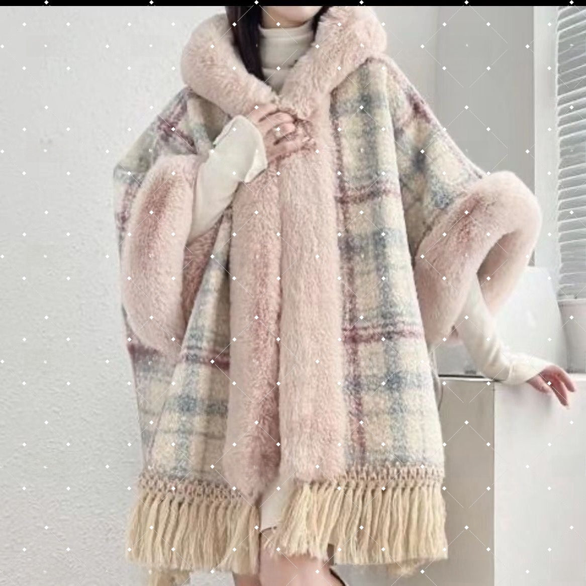 Hooded Fleece-Lined Cape with Tassel