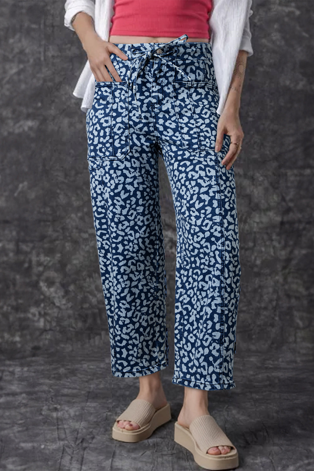 Leopard Drawstring Elastic Waist Pocketed Jeans