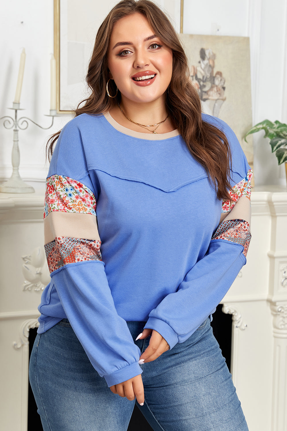 Plus Size Floral Patchwork Reverse Seam Top