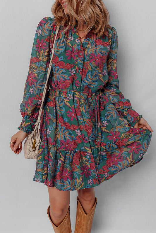 Floral Frilled V-Neck Puff Sleeve Ruffle Shirt Dress