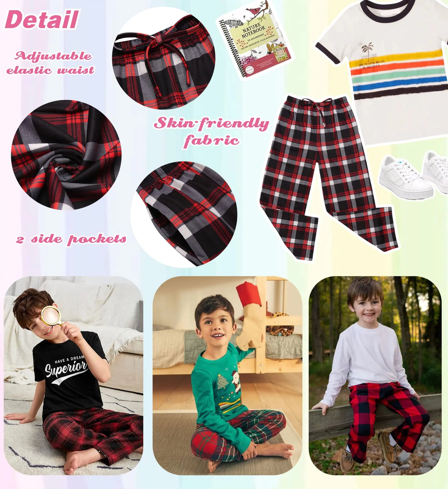 Ekouaer Boys Pajama Pants Long Sleep Pants Soft Elastic Waist Pajama Bottoms Plaid Lounge Pants with 2 Pockets 4-14 Years A-yarn Dyed Lattice2 4-5T - # BOAA12710001