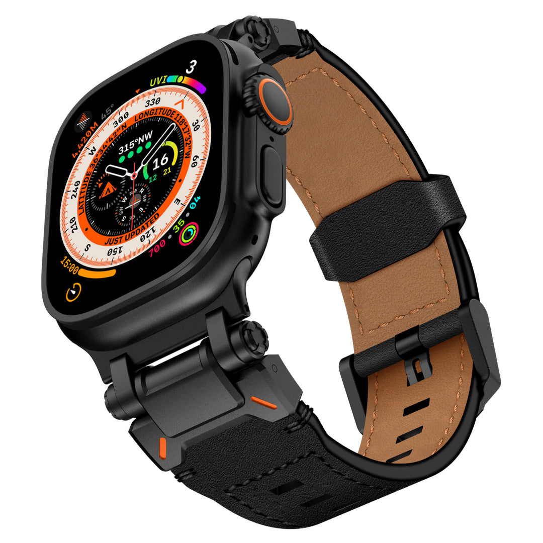 Leather Tactical Band for Apple Watch Ultra – 26mm Wide, Mecha-Style Connectors, Adventure-Ready