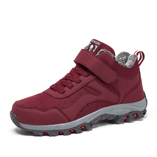 Winter fleece-lined high-top walking shoes for men and women.
