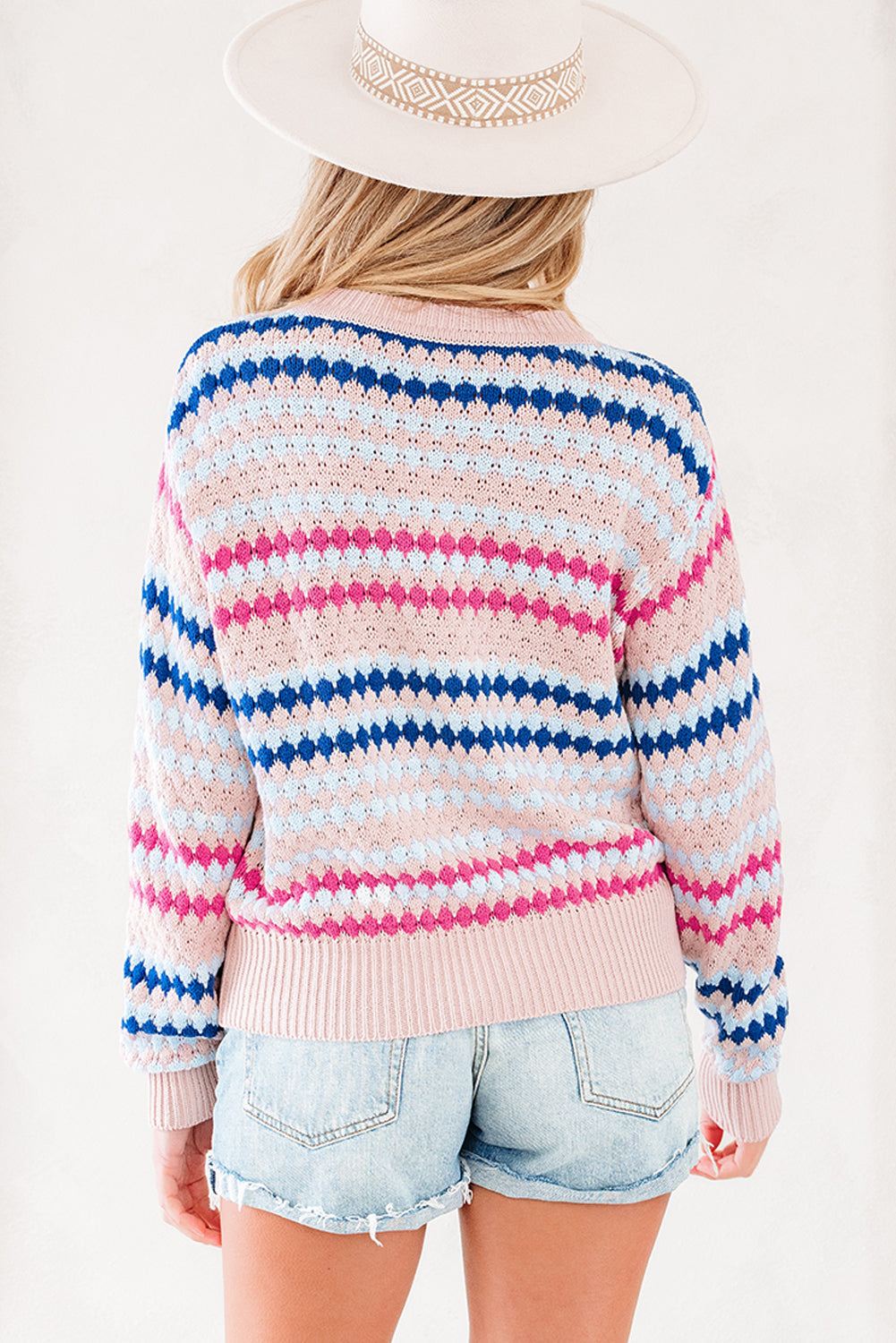 Stripe Eyelet Knit Drop Shoulder Sweater