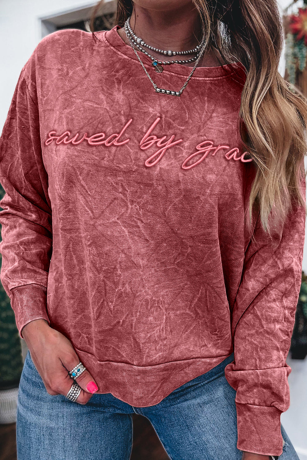 SAVED BY GRACE Embroidered Mineral Wash Sweatshirt