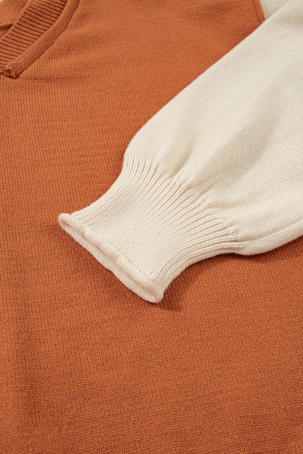 Colorblock Raw Edge Bubble Sleeve V-Neck Sweater