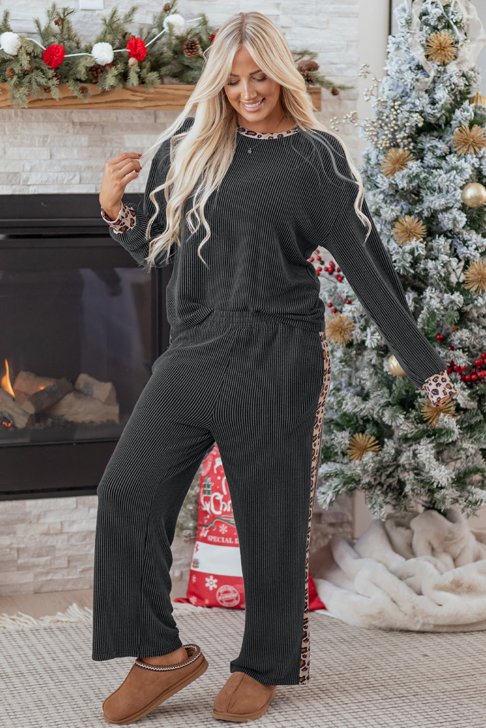 Leopard Corded Knit Top and Pants Set