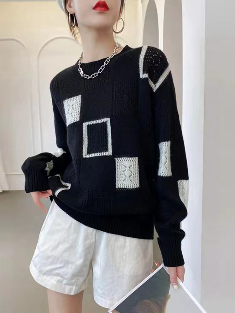 Color Block Plaid Knitwear Top Women Retro Round Neck Sweater