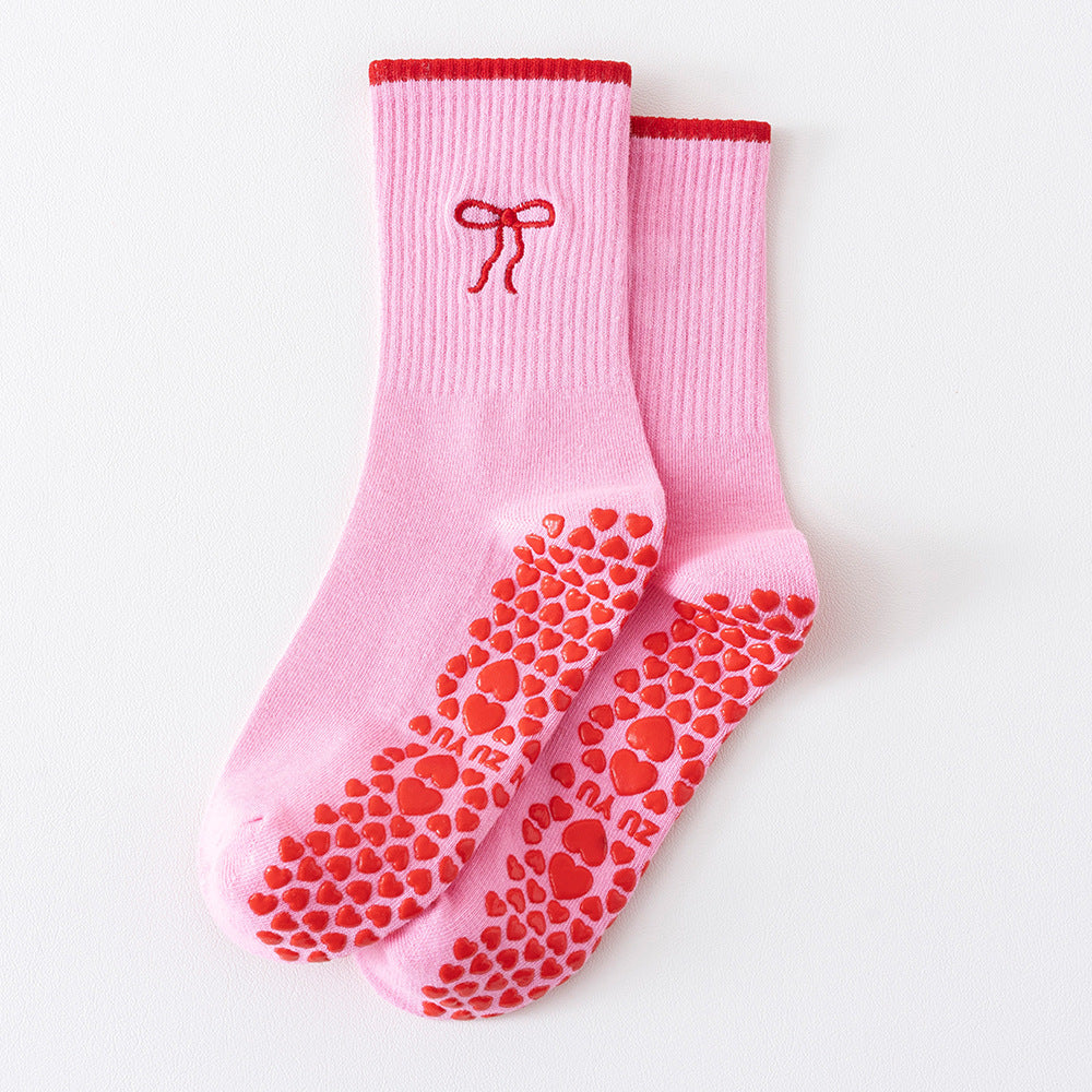 Yoga Socks Women's Mid-Calf Cotton Socks Breathable Embroidered Bow Professional Anti-Slip Dispensing Fitness Training Pilates Socks