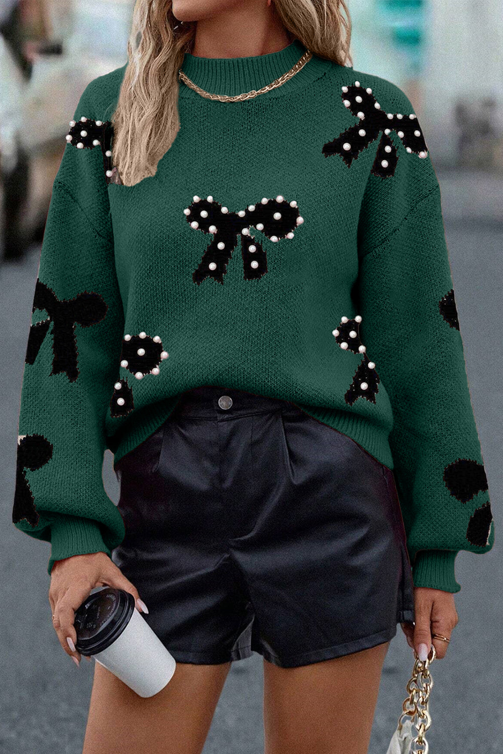 Bow Pearl Embellished Drop Shoulder Sweater