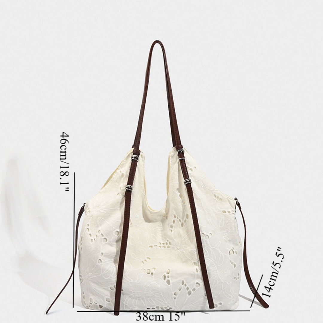 White large capacity hobo purse, embroidered shoulder bag, tote bag, commuter underarm bag