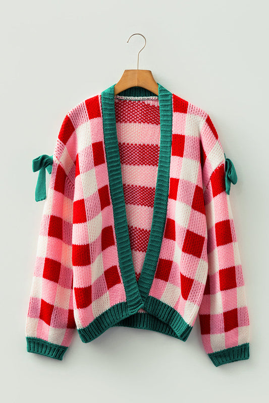 Plaid Bow Open Front Sweater Knit Cardigan