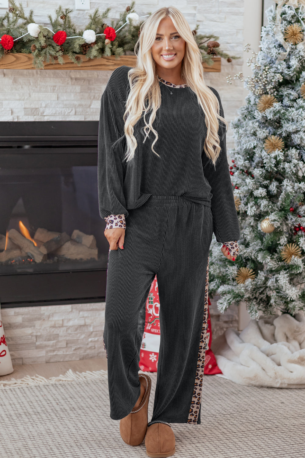 Leopard Corded Knit Top and Pants Set