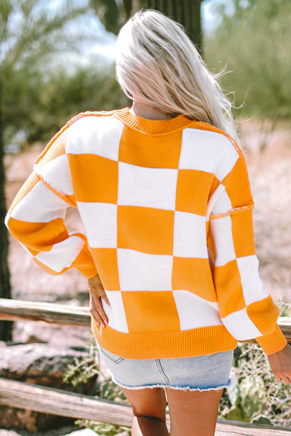 Checker Bishop Sleeve Sweater