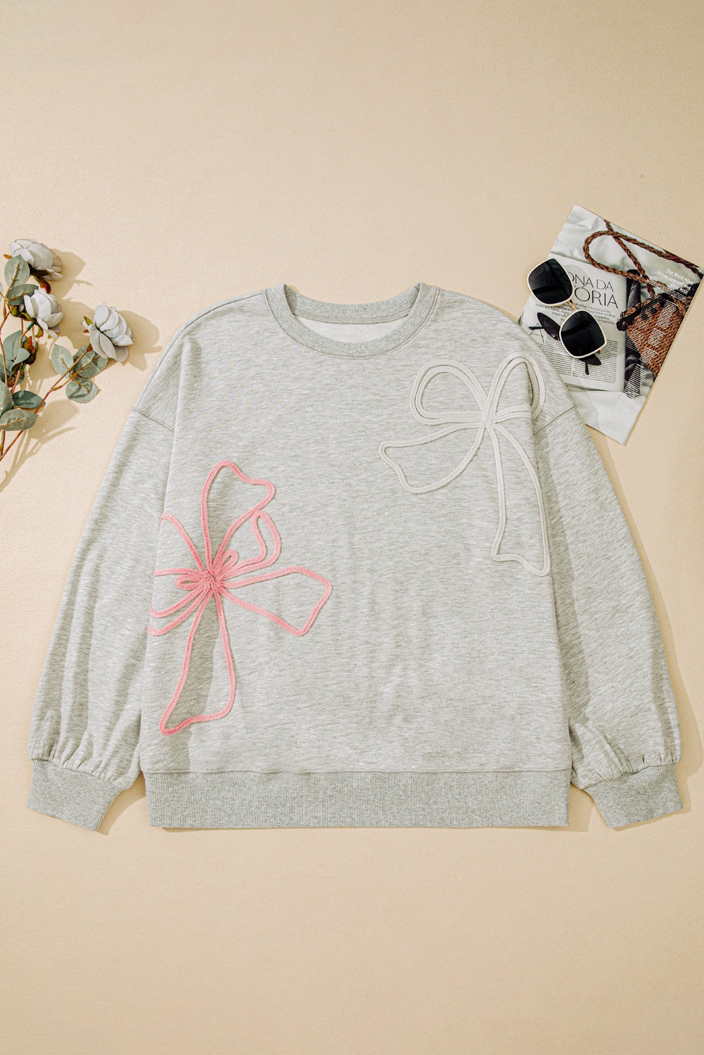 Plus Size Bow Embroidered Drop Shoulder Sweatshirt