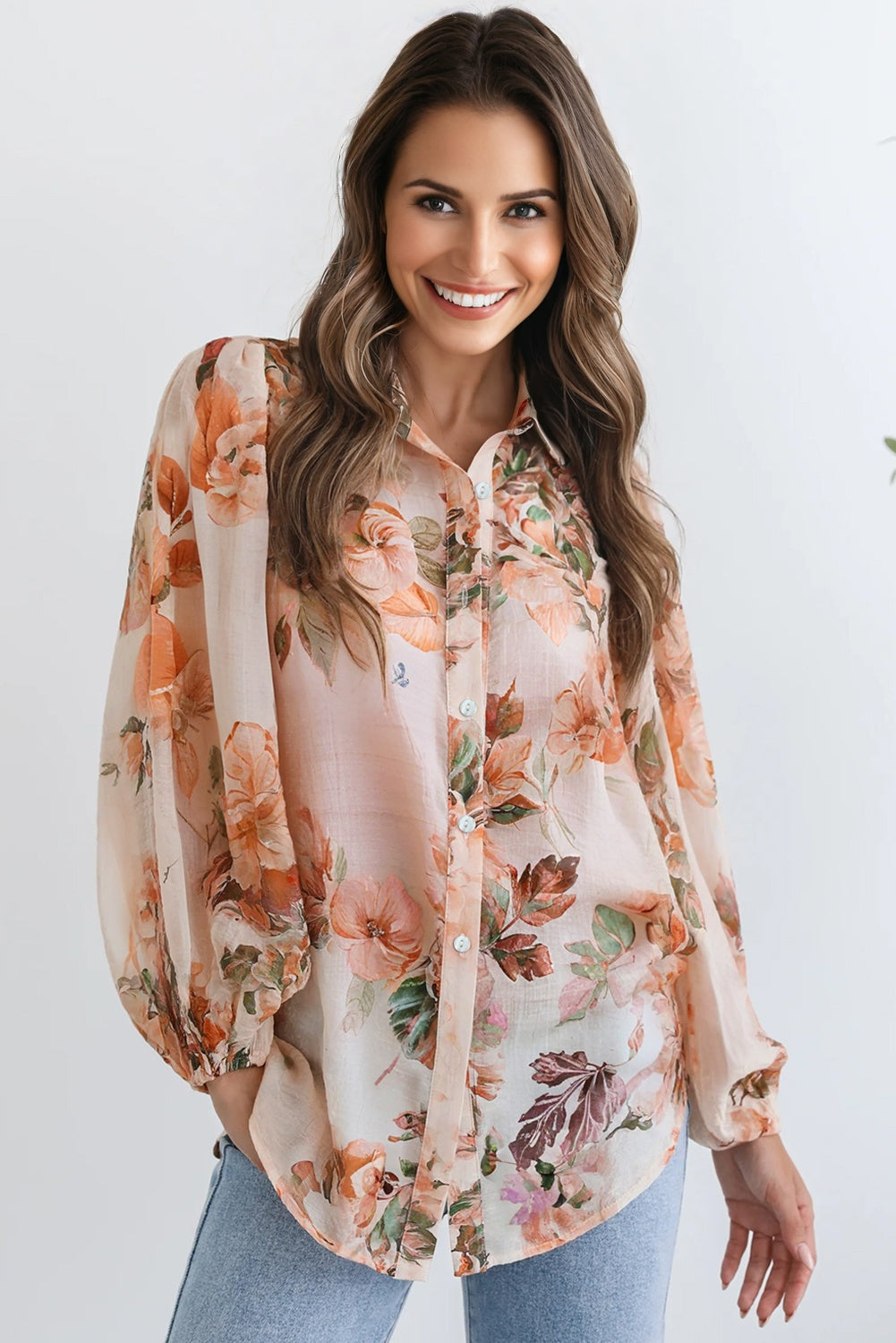 Floral Puff Sleeve Collared Shirt