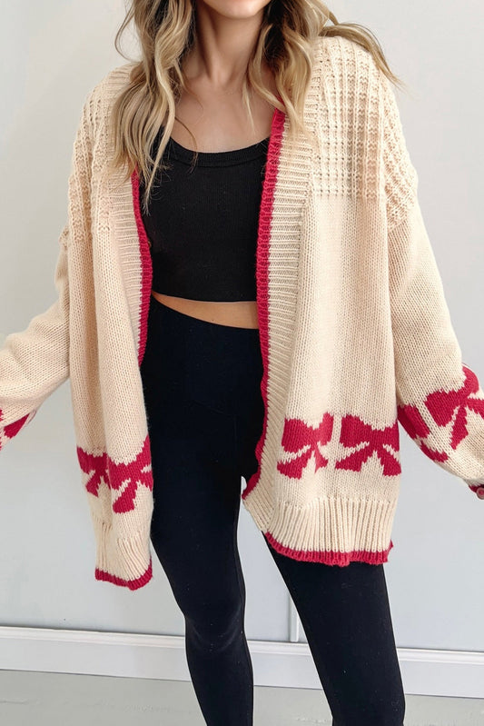 Bow Textured Open-Front Cardigan