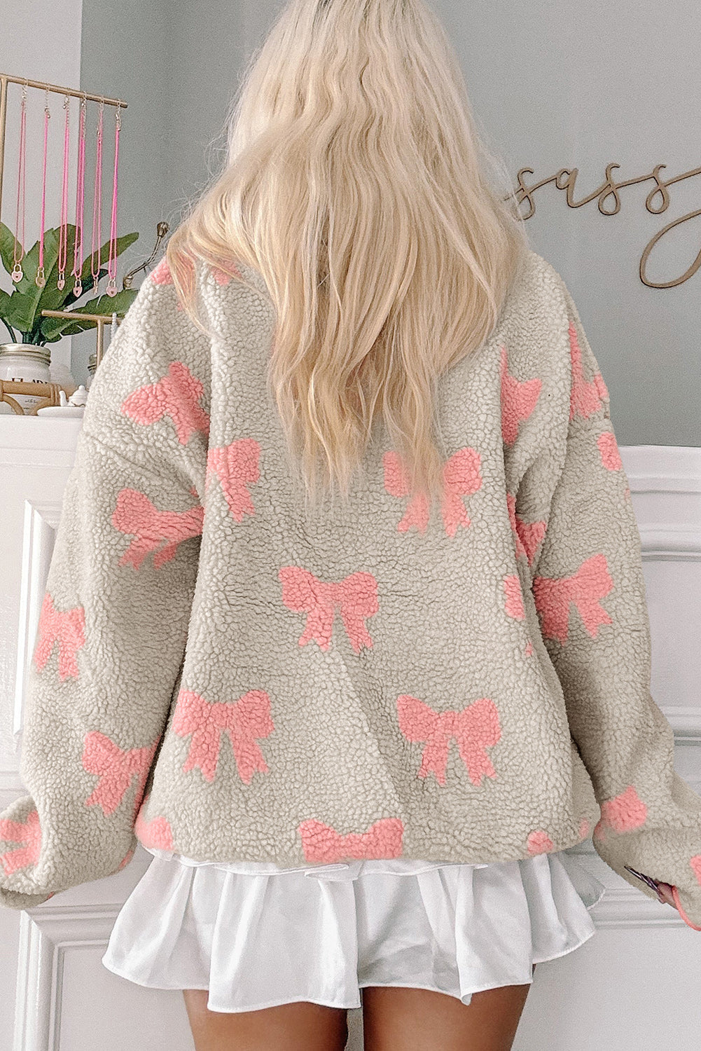 Bow Sherpa Quarter Zip Drop Shoulder Sweatshirt