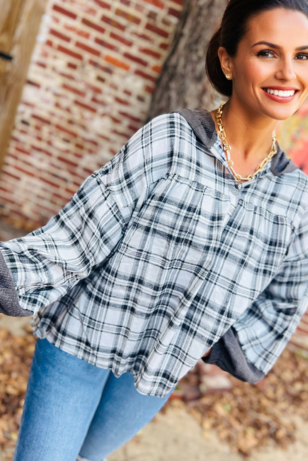 Plaid Quarter-Button Patchwork Long Sleeve Hooded Blouse