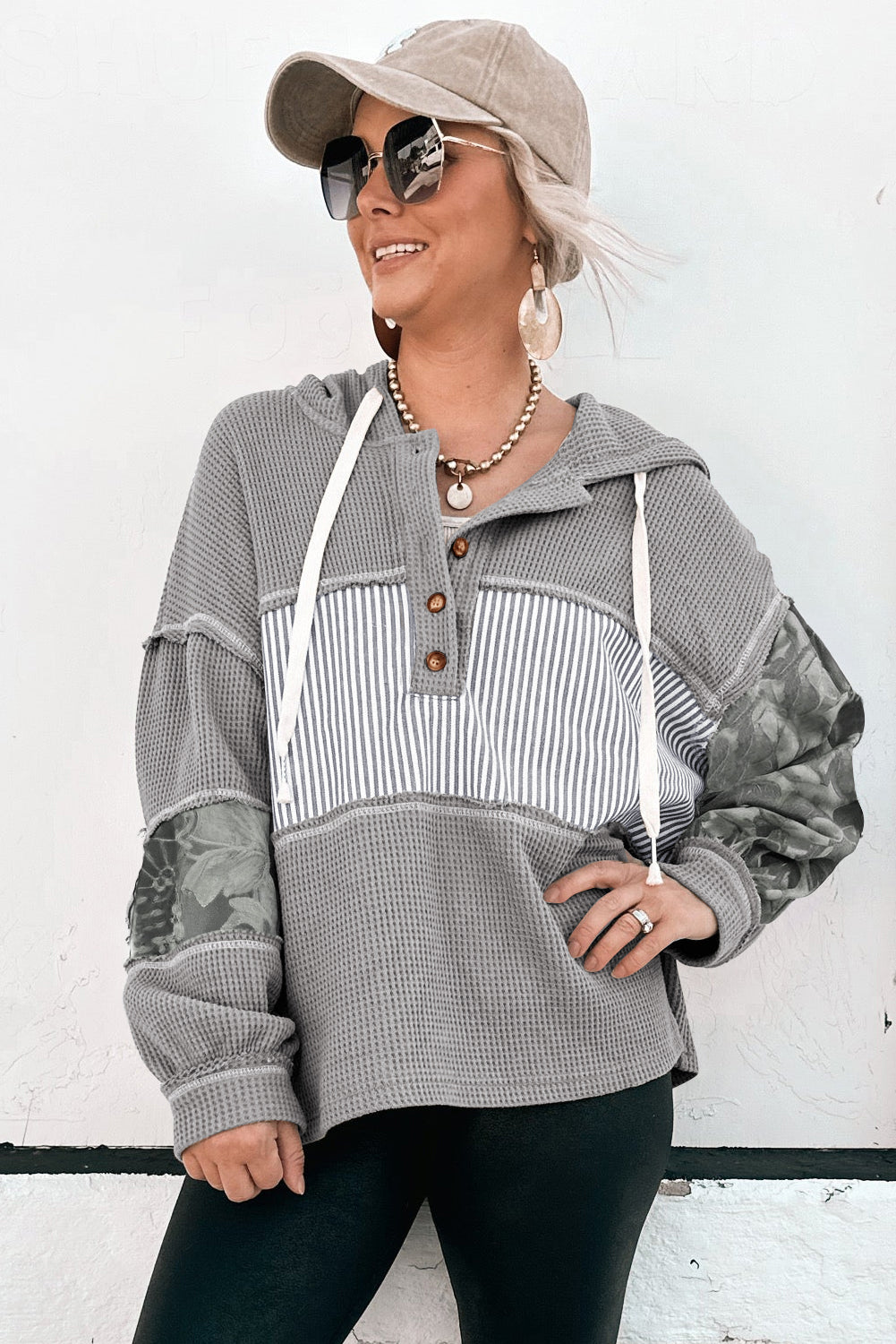Stripe Waffle Patchwork Hooded Long Sleeve Top
