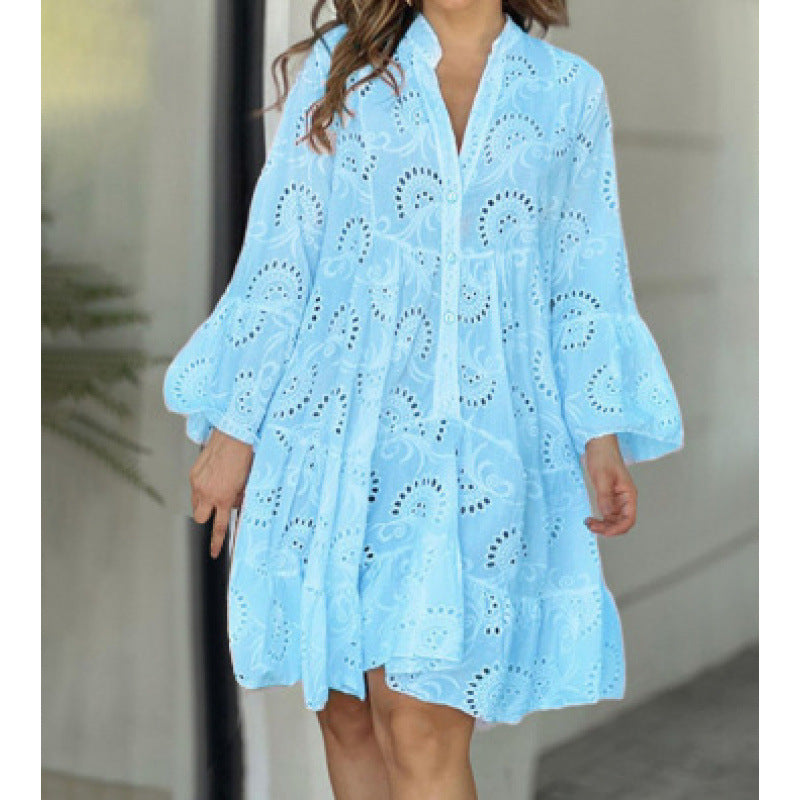 Cotton Embroidery V-neck Loose Dress
