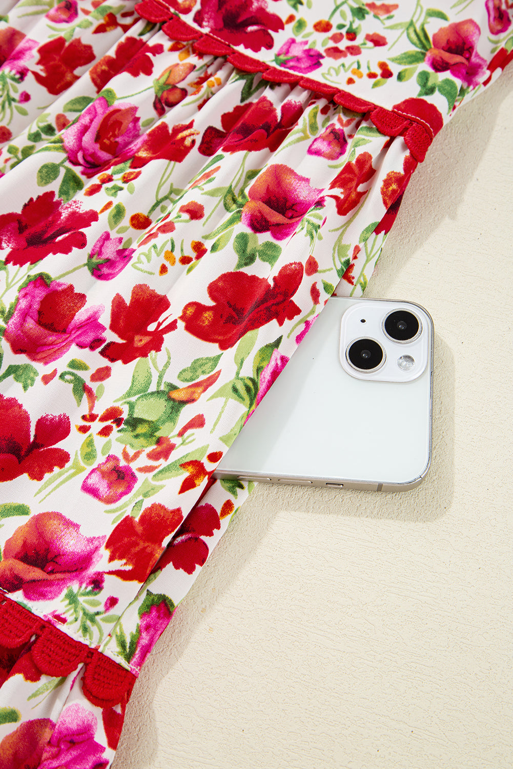 Floral Ricrac Puff Sleeve Pocketed Tiered Mini Dress