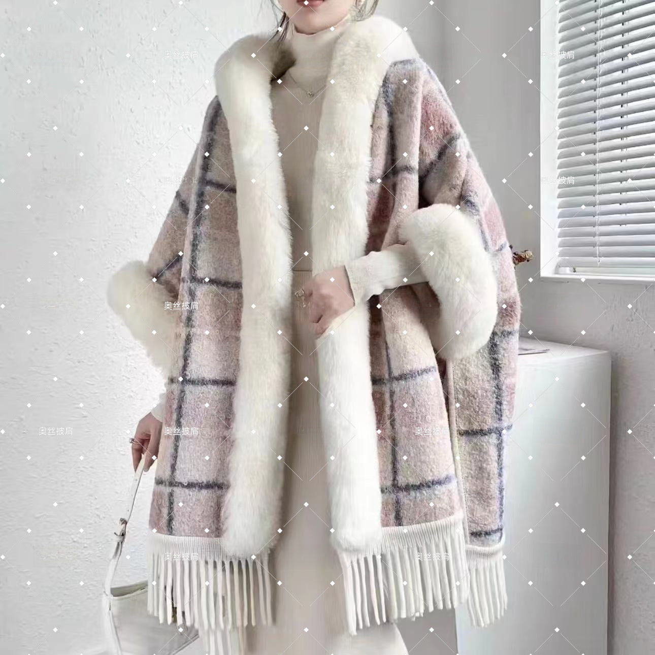 Hooded Fleece-Lined Cape with Tassel