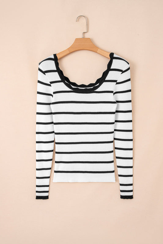 Stripe Scalloped Scoop Neck Ribbed Knit Sweater