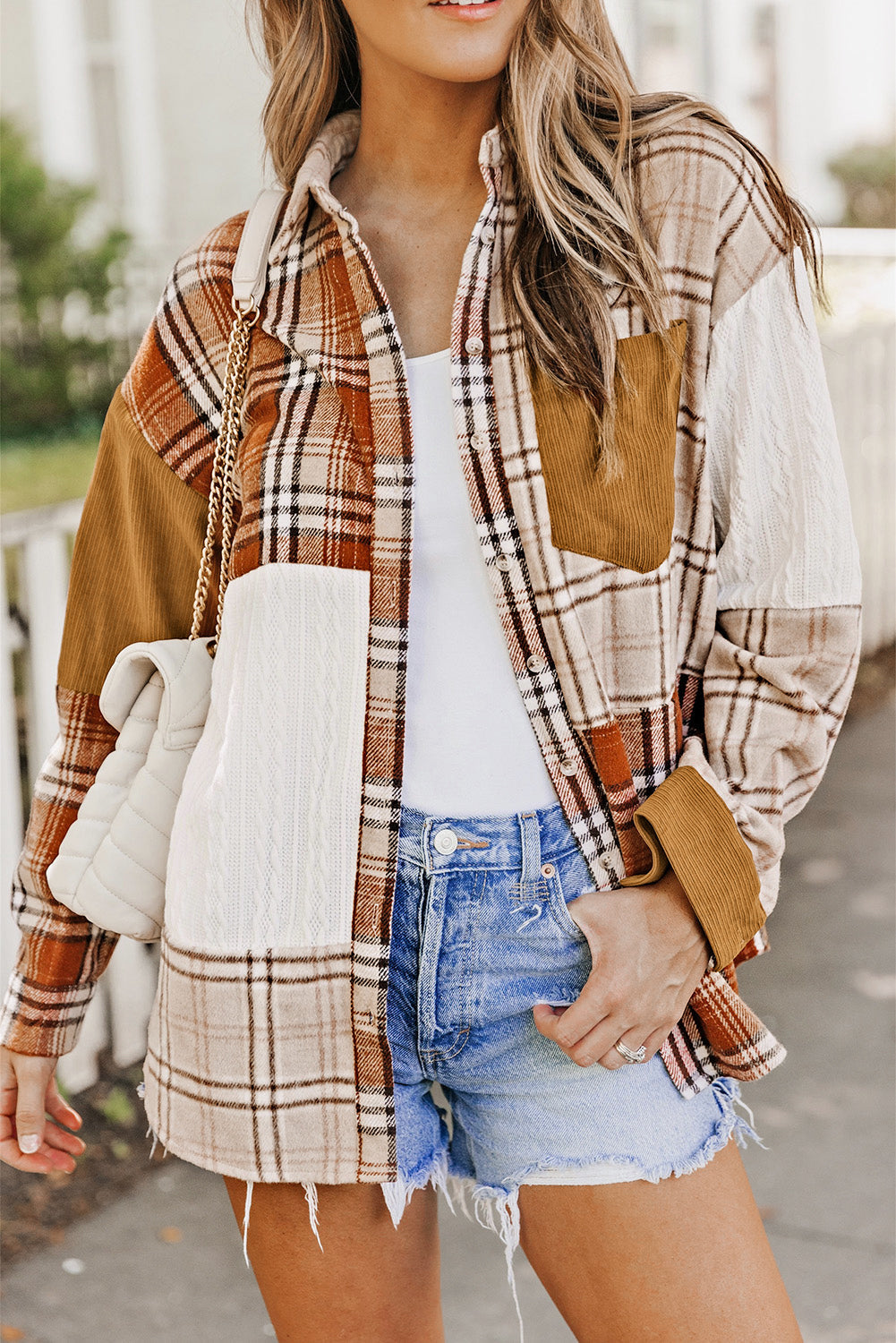 Plaid Colorblock Patchwork Chest Pocket Shirt Jacket