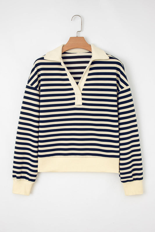 Stripe Collared V-Neck Long Sleeve Top