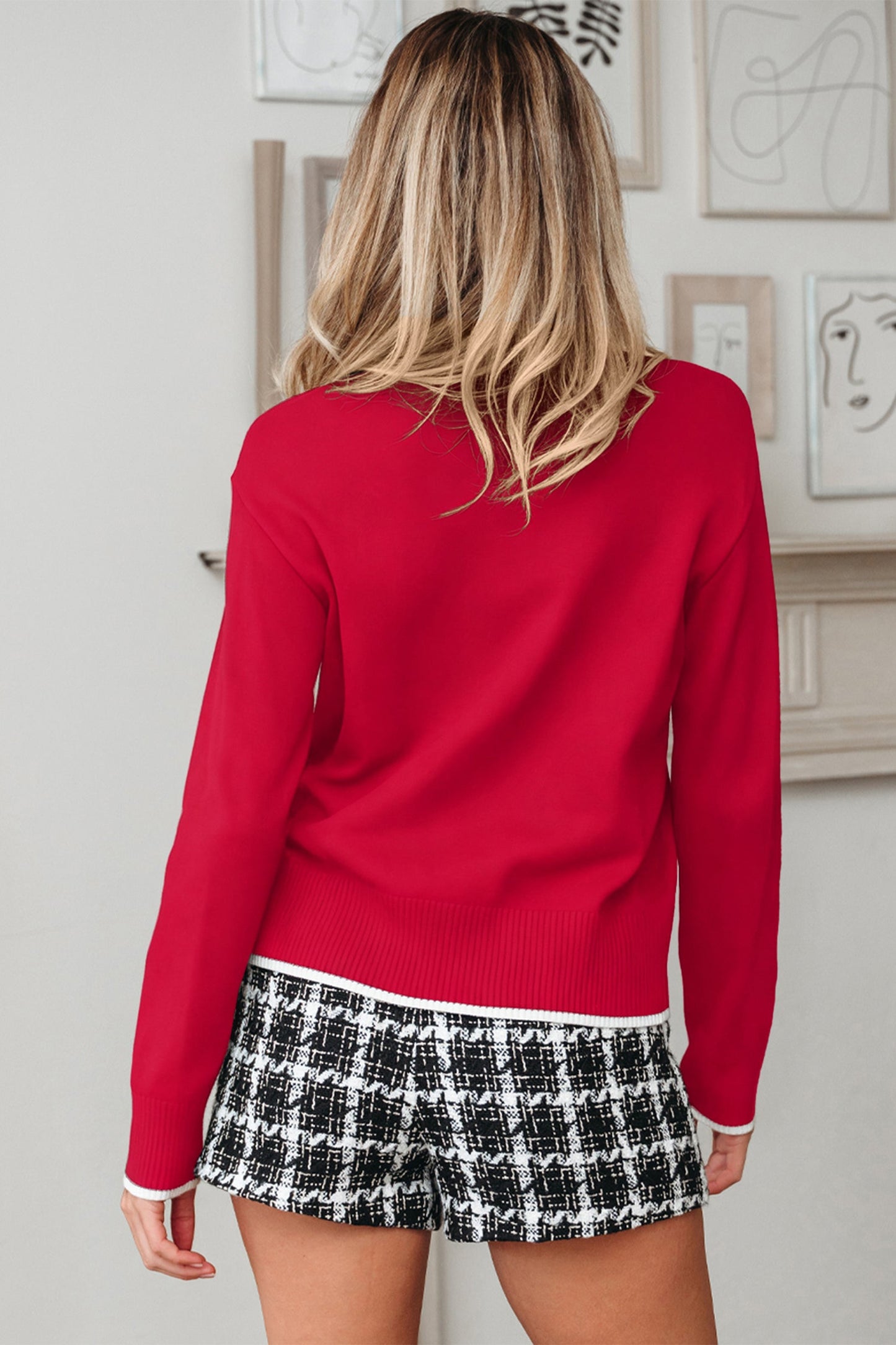 Bow Contrast Trim Long Sleeve Cropped Christmas Sweater
