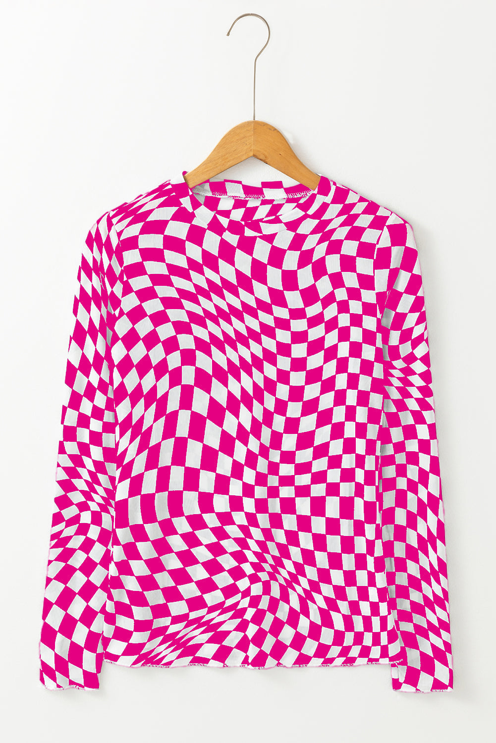 Checker Mesh Mock Neck Long Sleeve Top