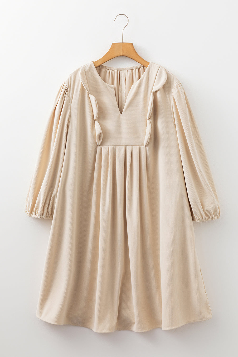 Plus Size Corduroy Scallop Notched Neck Mini Dress