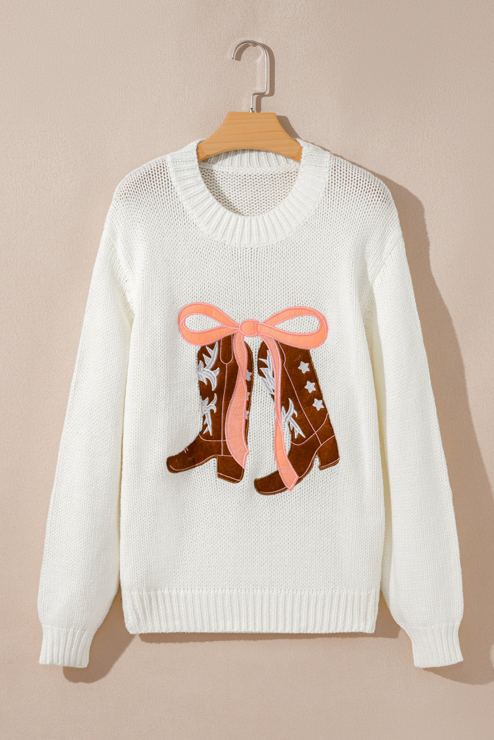 Western Bow Boots Embroidered Drop Shoulder Sweater