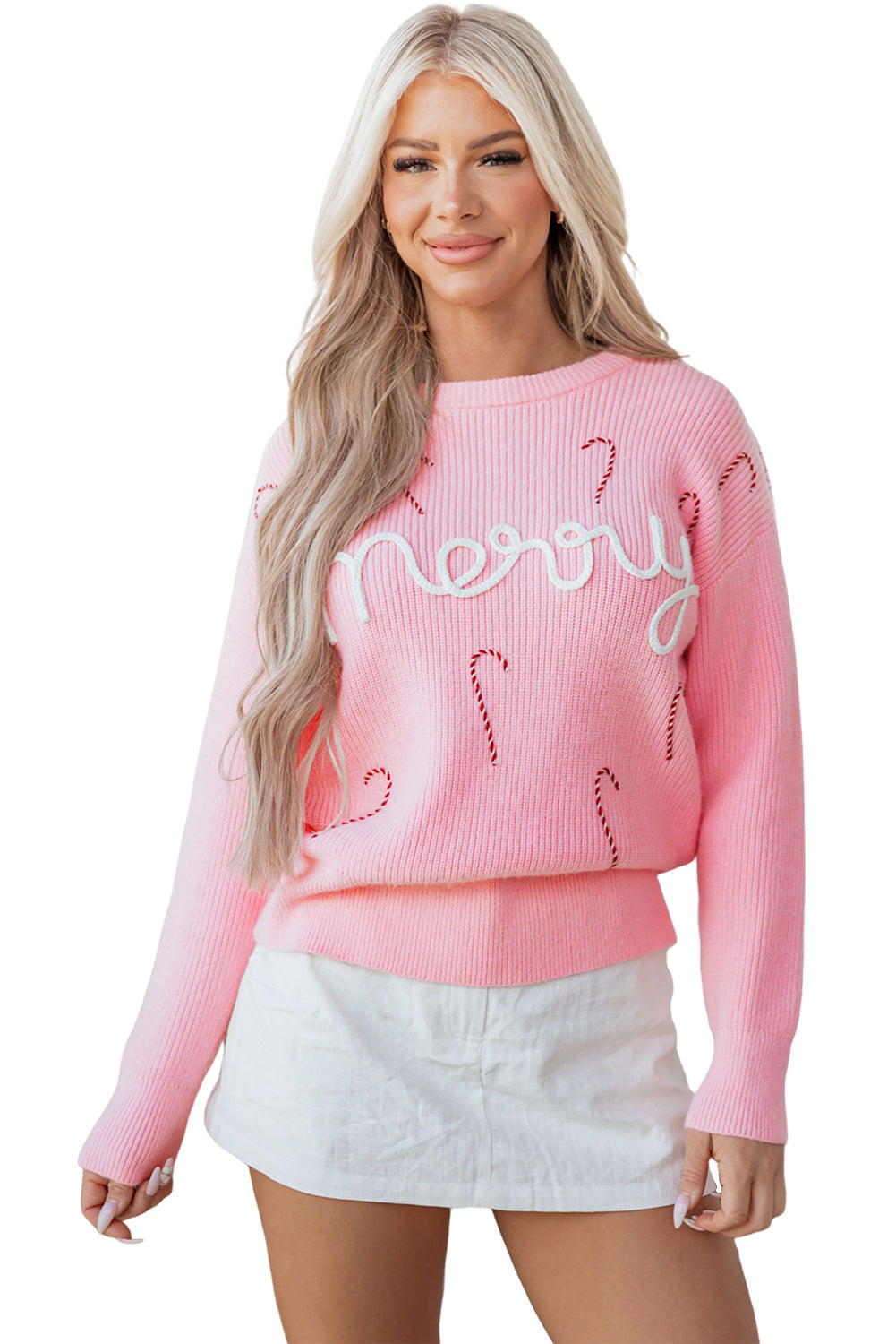 Merry Candy Cane Embroidered Crewneck Sweater