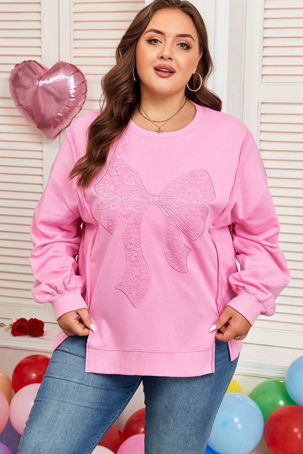Plus Size Bow Lace Embroidered Dolman Sleeve Sweatshirt