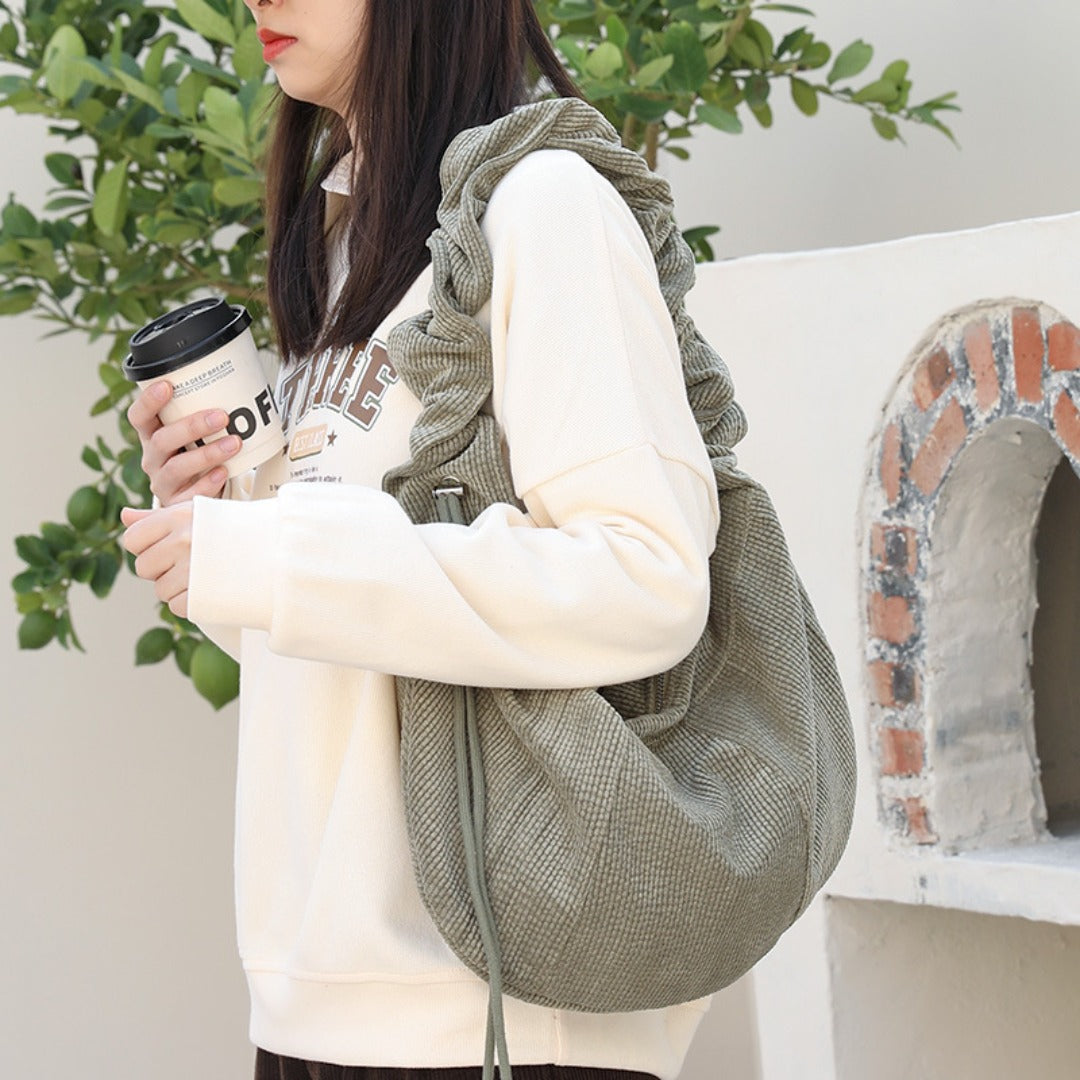 Canvas hobo bag, casual pleated shoulder bag, drawstring corduroy shoulder bag