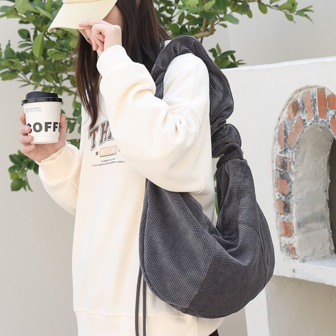 Canvas hobo bag, casual pleated shoulder bag, drawstring corduroy shoulder bag