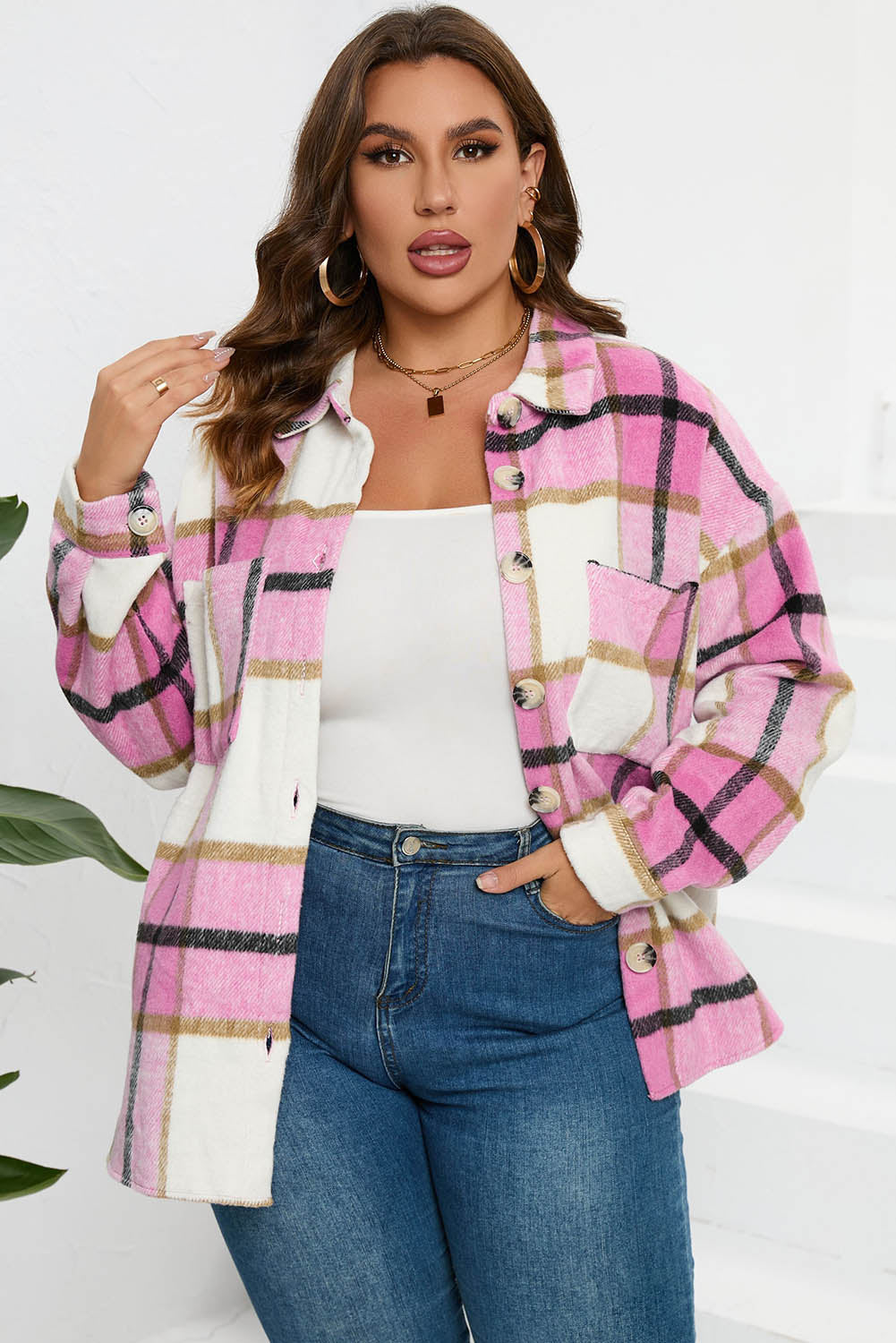 Plaid Button-Up Long Sleeve Pocketed Shacket