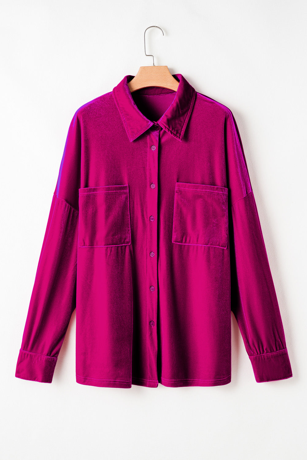 Plus Size Velvet Button-Up Pocketed Drop Shoulder Shirt