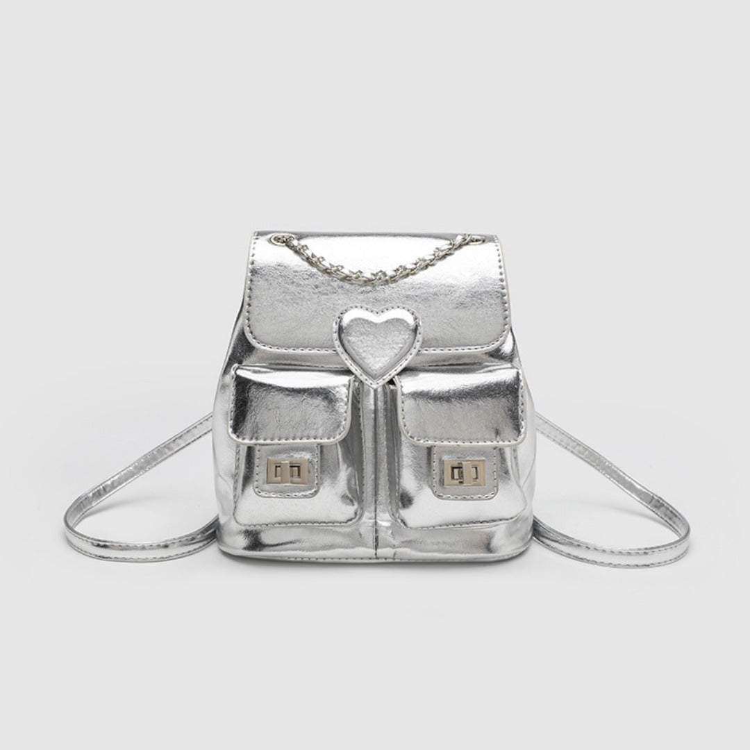Elegant Design Silver Backpack Purse – Stylish Women's Fashion Chain Versatile Travel Bucket Bag with Metallic Finish