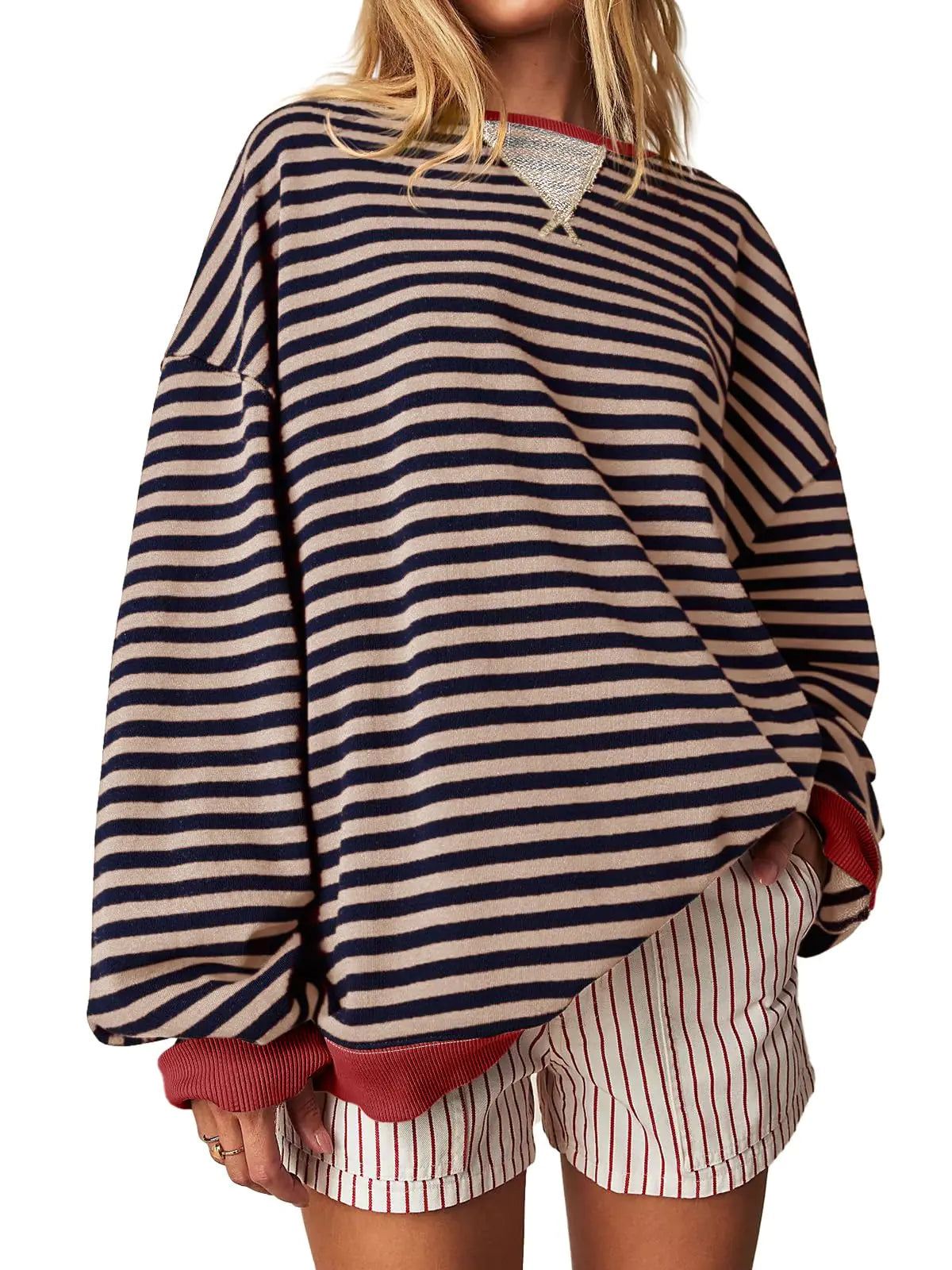 Fisoew Womens Striped Oversized Sweatshirt Color Block Crew Neck Long Sleeve Shirt Casual Loose Pullover Top Y2K Clothes Khaki XX-Large - # WOAA21510020-PRG