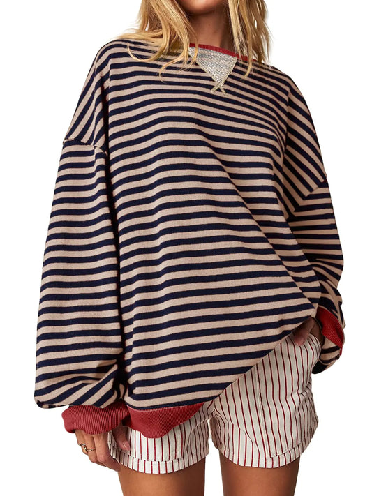 Fisoew Womens Striped Oversized Sweatshirt Color Block Crew Neck Long Sleeve Shirt Casual Loose Pullover Top Y2K Clothes Khaki XX-Large - # WOAA21510020-PRG