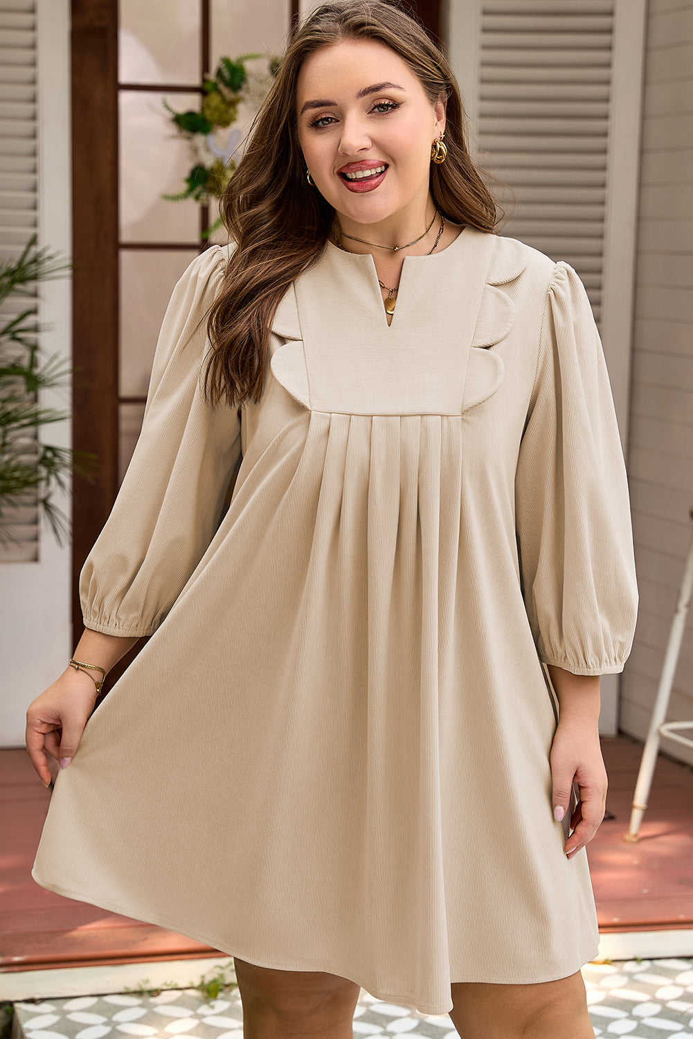 Plus Size Corduroy Scallop Notched Neck Mini Dress