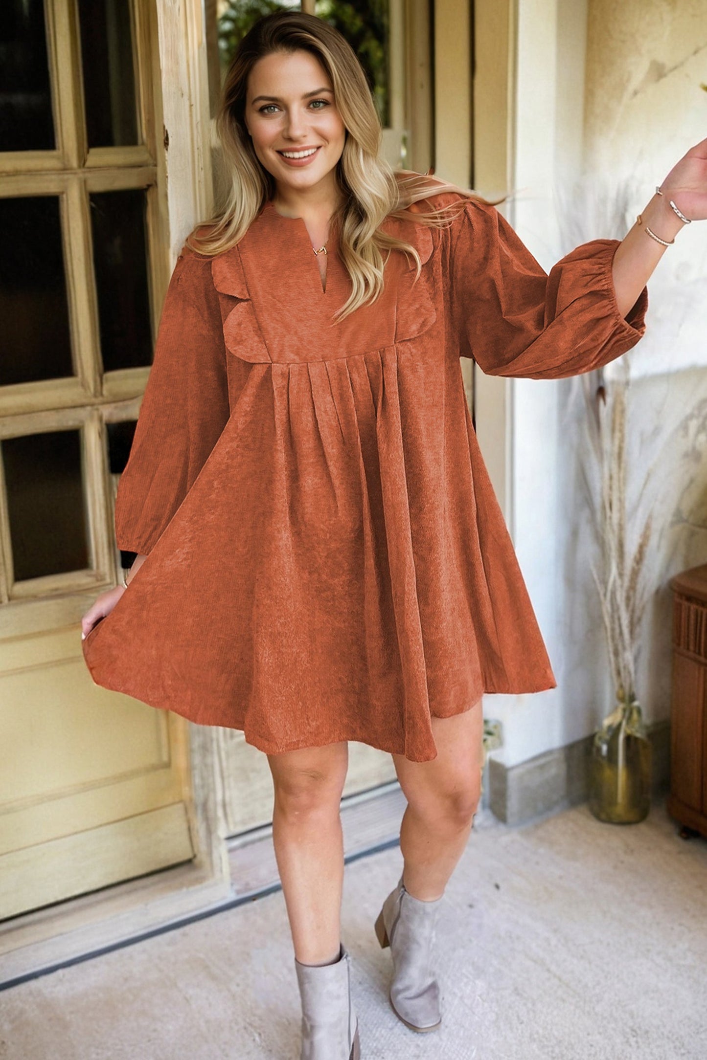 Corduroy Pleated Scallop Neck 3/4 Sleeve Mini Dress