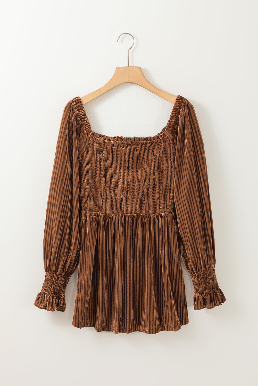 Ribbed Velvet Smocked Babydoll Blouse
