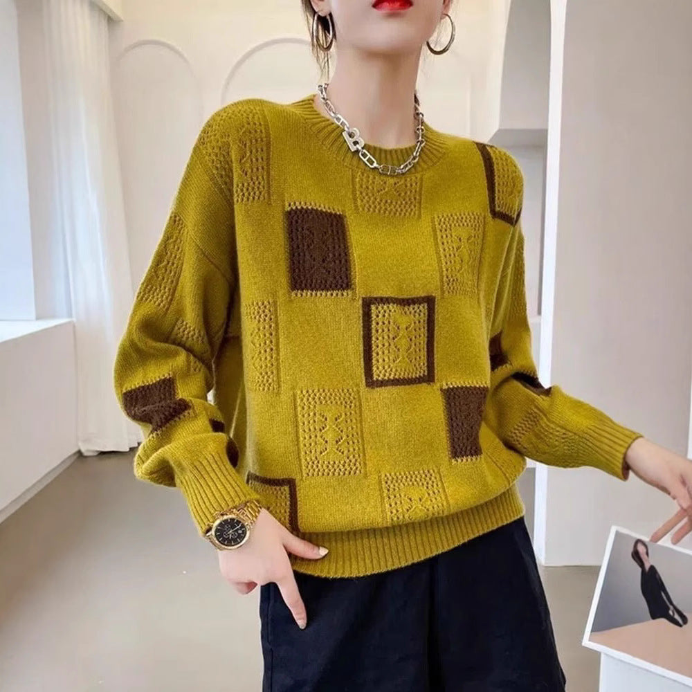 Color Block Plaid Knitwear Top Women Retro Round Neck Sweater